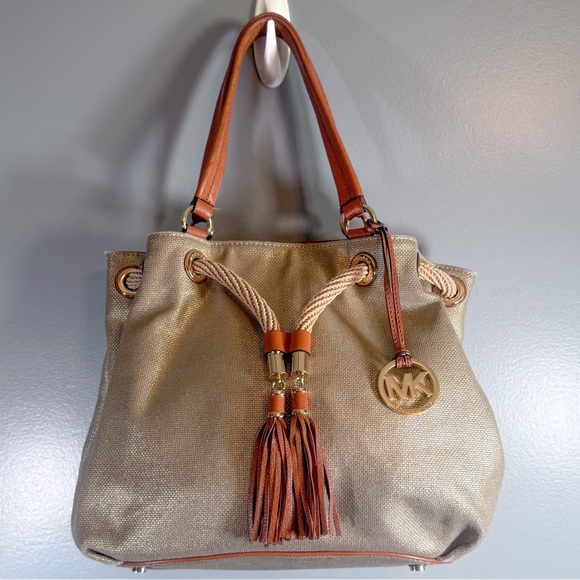 Michael Kors Gold and Tan Shoulder Bag with Elegant Tassel - Picture 1 of 14
